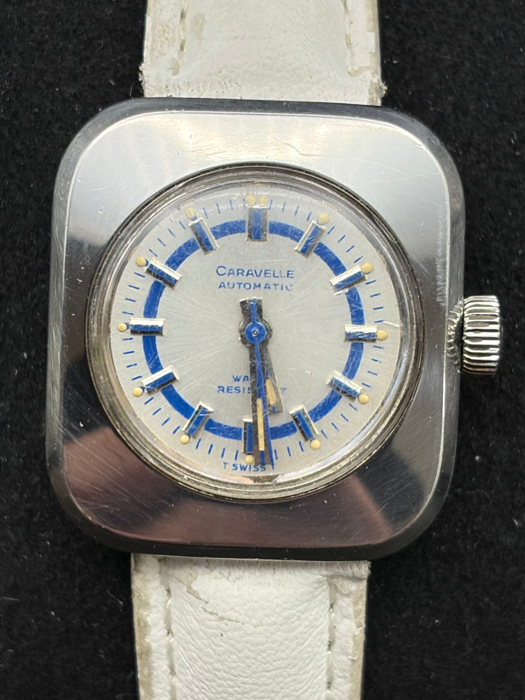 Vintage Caravelle by Bulova Ladies Automatic Swiss Watch Blue Dial TV Case Runs