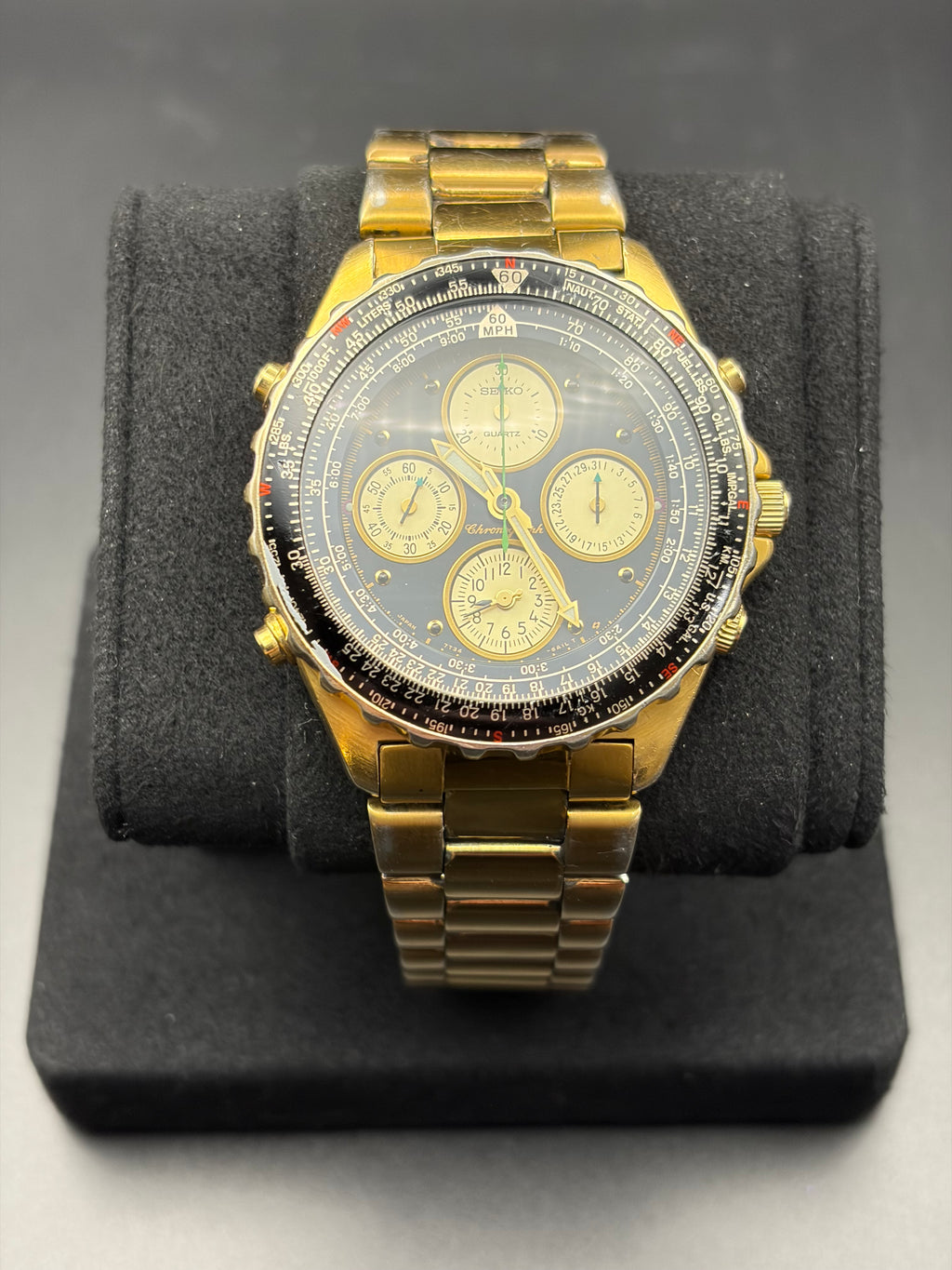 Seiko 7T34-6A09 Flight Computer Chronograph Alarm Gold Tone Men’s Watch