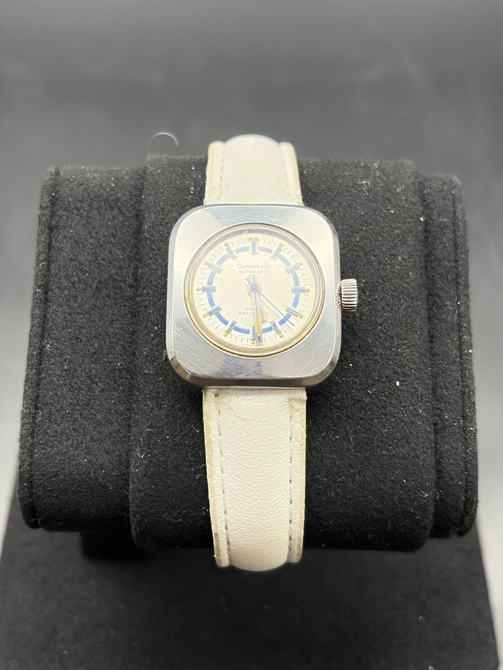 Vintage Caravelle by Bulova Ladies Automatic Swiss Watch Blue Dial TV Case Runs