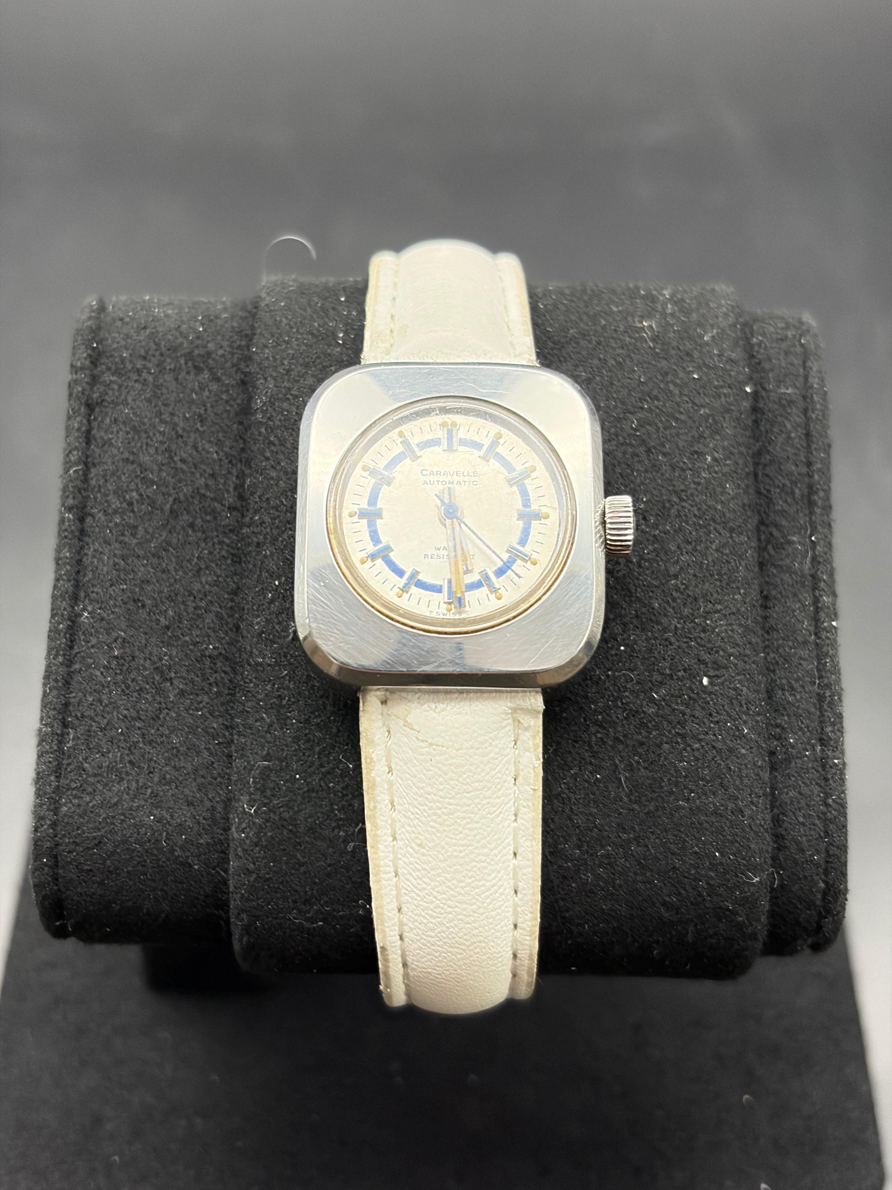 Vintage Caravelle by Bulova Ladies Automatic Swiss Watch Blue Dial TV Case Runs