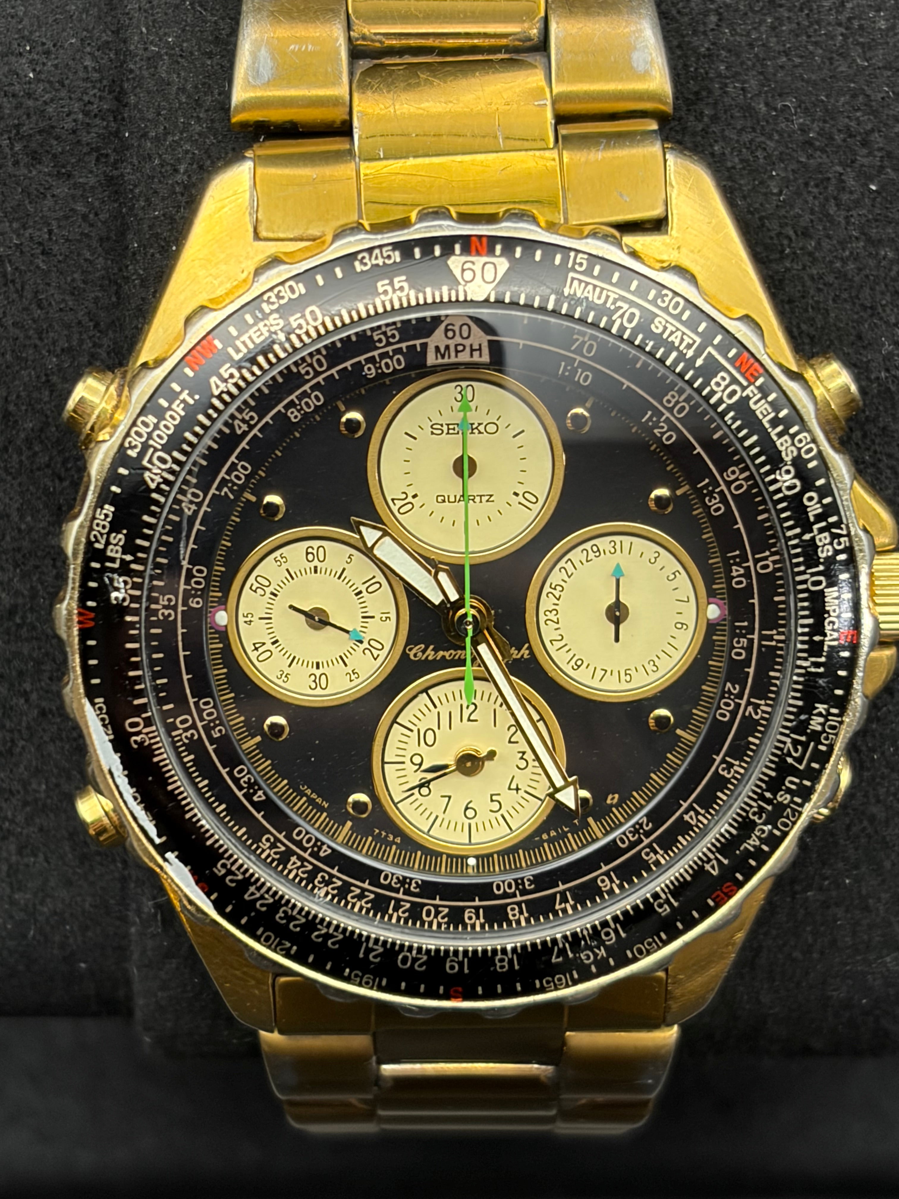 Seiko 7T34-6A09 Flight Computer Chronograph Alarm Gold Tone Men’s Watch