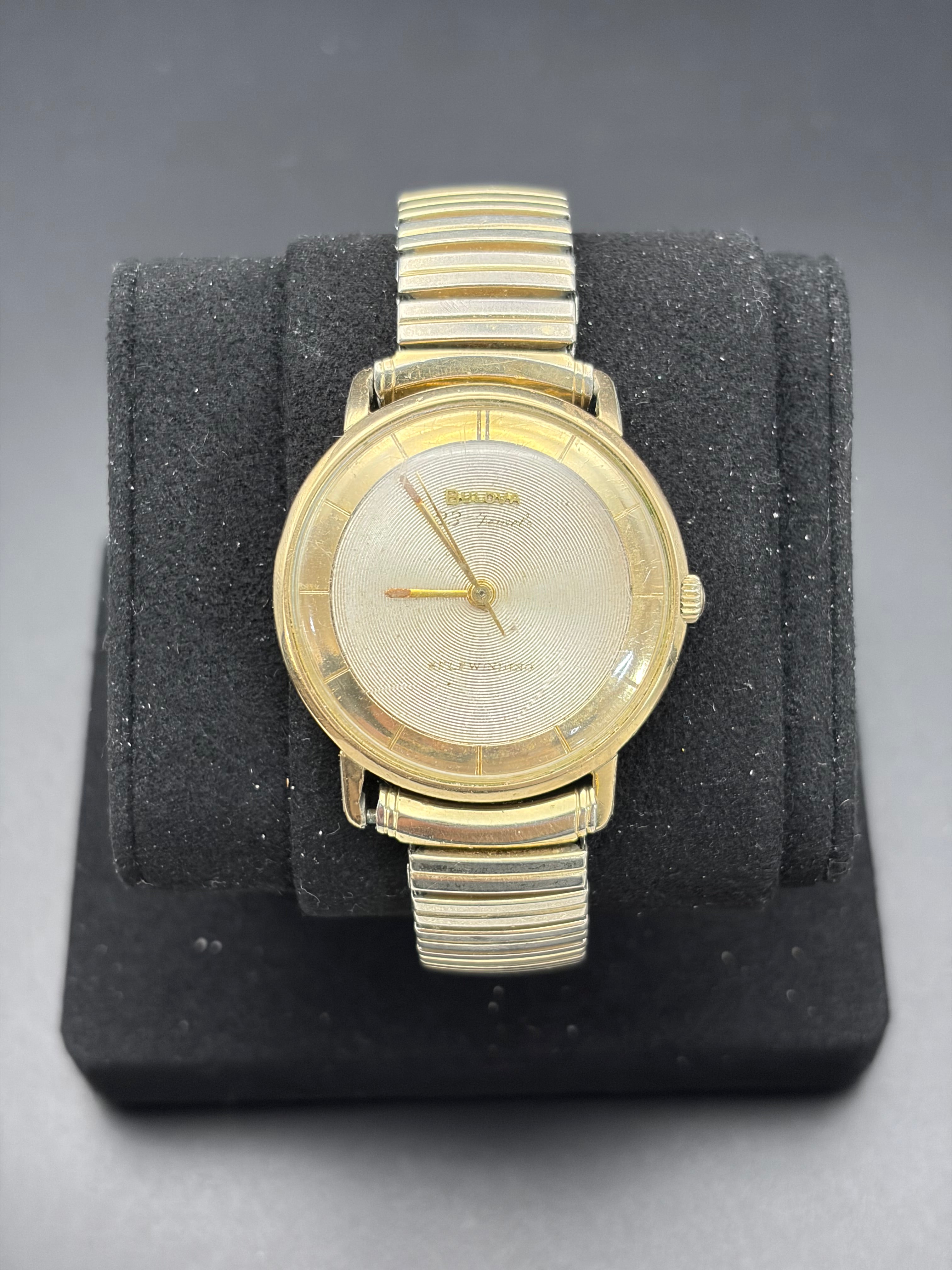 Vintage 1955 Bulova Senator 23 Jewel Self Winding Watch Box Speidel Runs