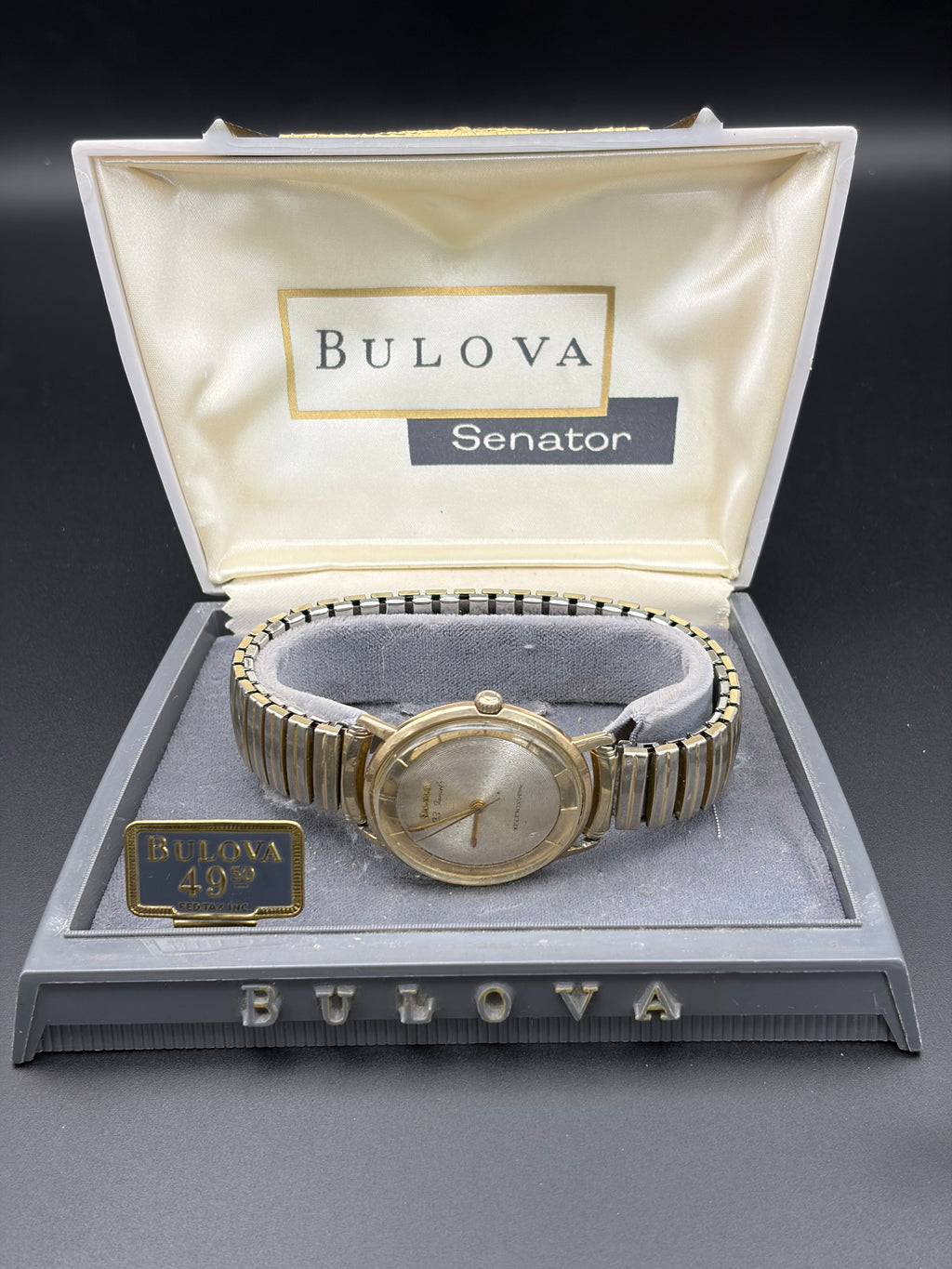 Vintage 1955 Bulova Senator 23 Jewel Self Winding Watch Box Speidel Runs
