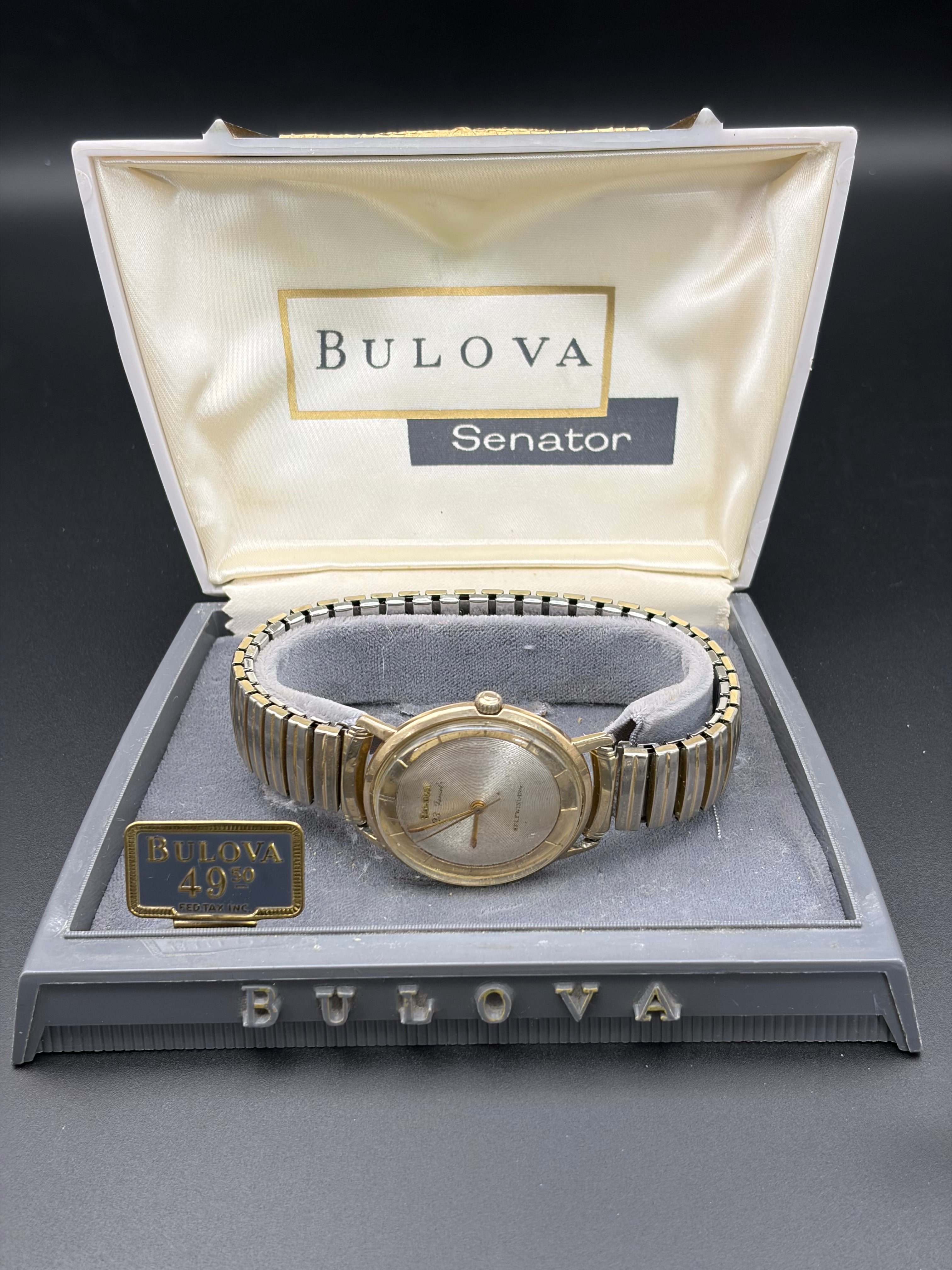 Vintage 1955 Bulova Senator 23 Jewel Self Winding Watch Box Speidel Runs