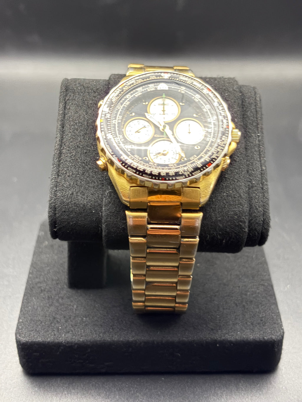 Seiko 7T34-6A09 Flight Computer Chronograph Alarm Gold Tone Men’s Watch