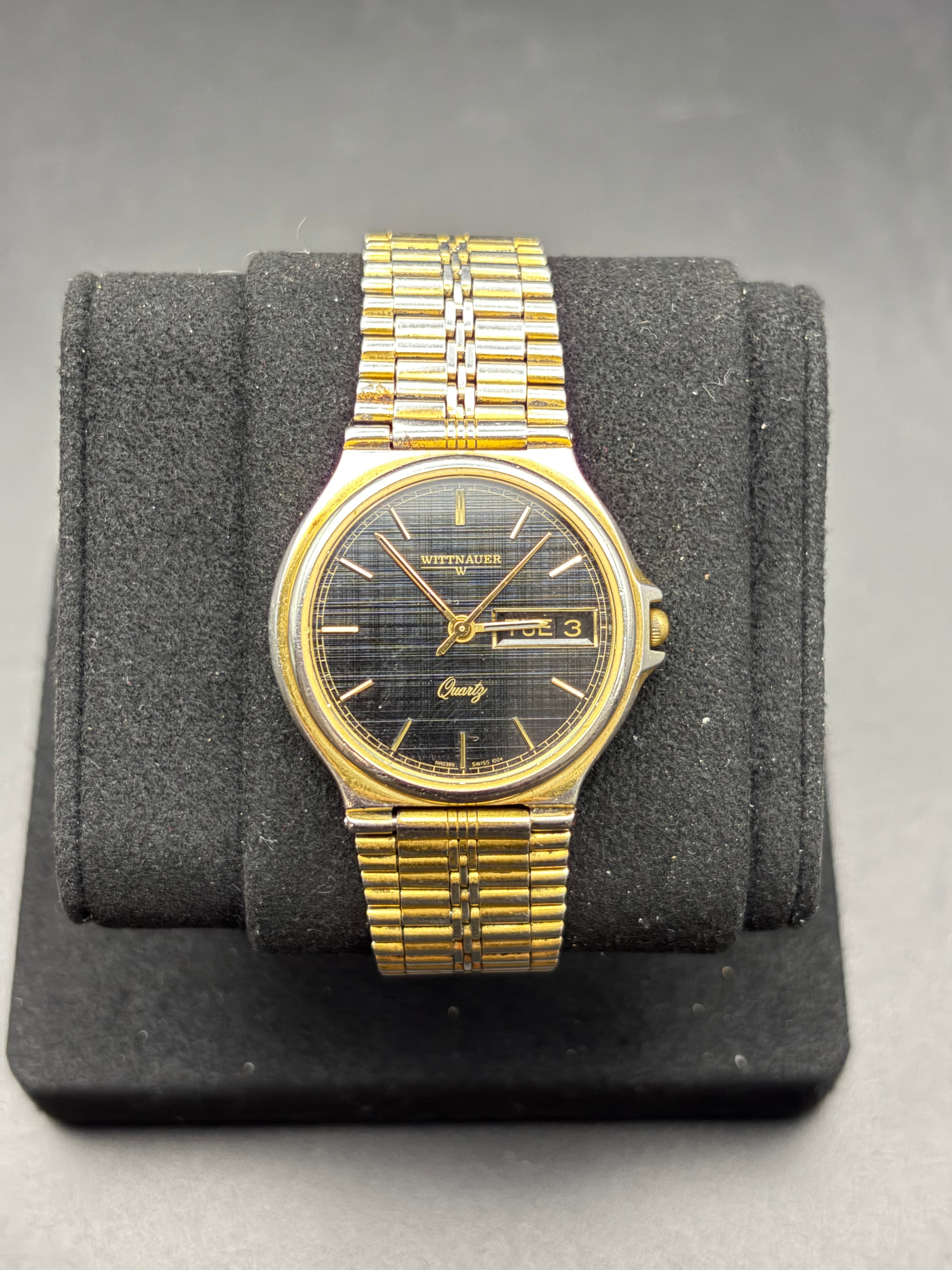 Vintage Wittnauer Swiss Quartz Day Date Men’s Gold Tone Black Textured Dial Watch