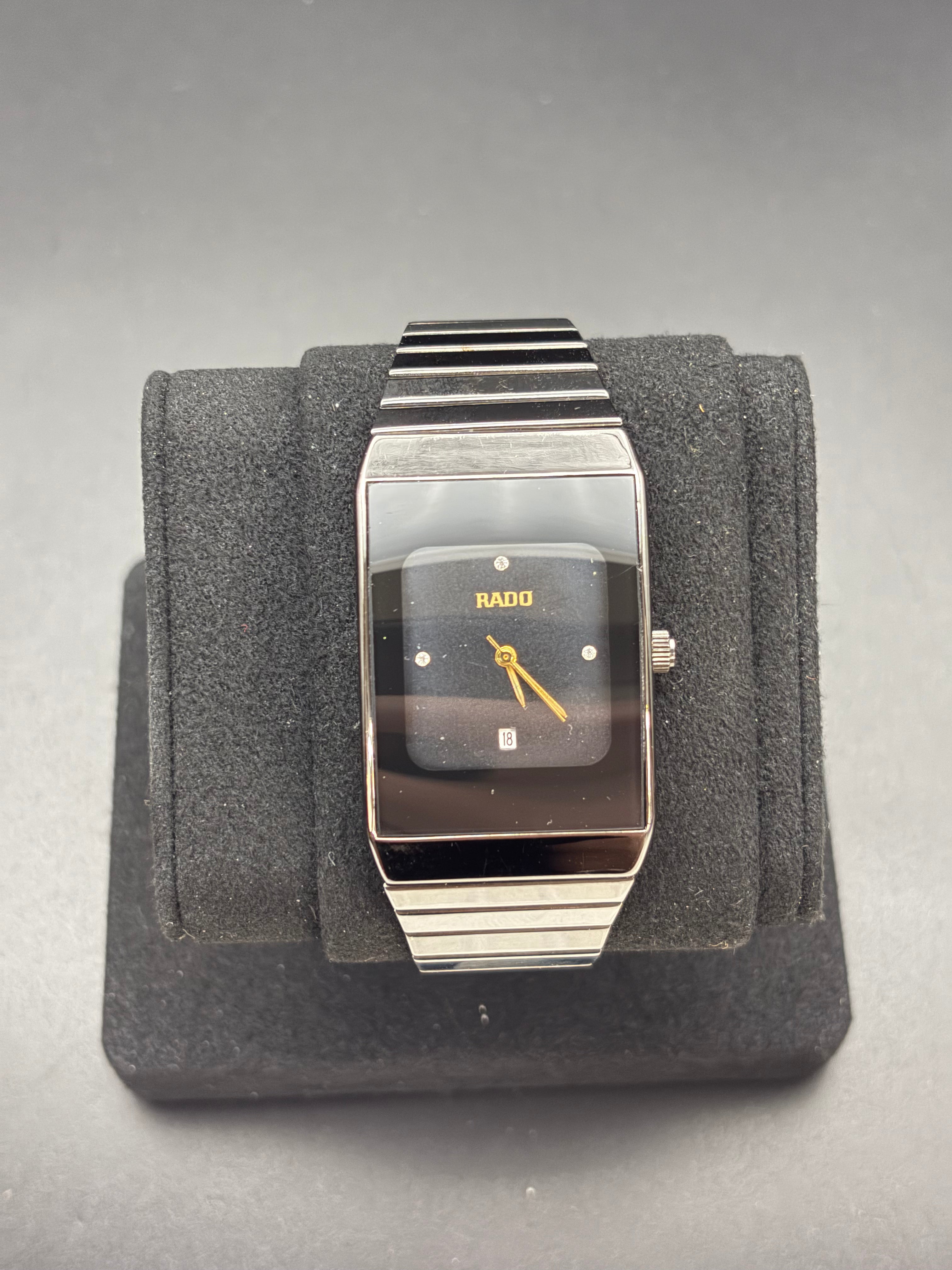 Vintage Rado 601.2816.3 Black Dial Stone Swiss Watch Integrated Bracelet